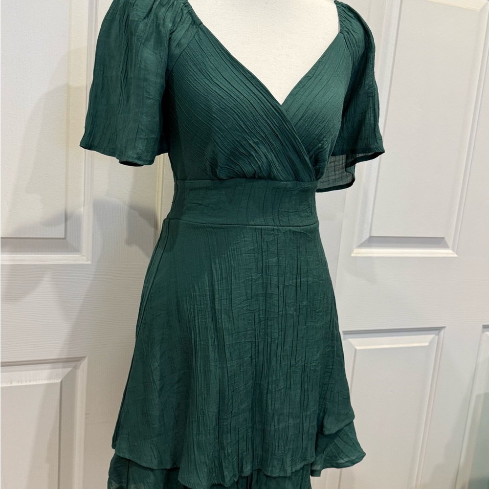 Emerald Green Chiffon Mini Dress Romantic Feminine Dress • Size Small - Picture 4 of 7
